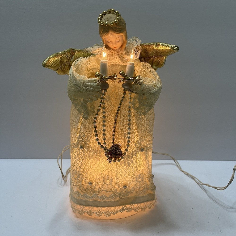 Vtg Christmas Trim A Home Angel Tree Topper Lighted 10" White Lace Gold Wings
